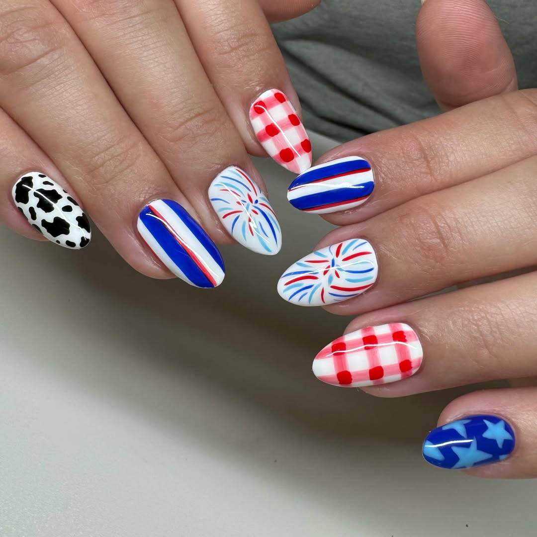 Patriotic Playful Red White and Blue Almond Nails