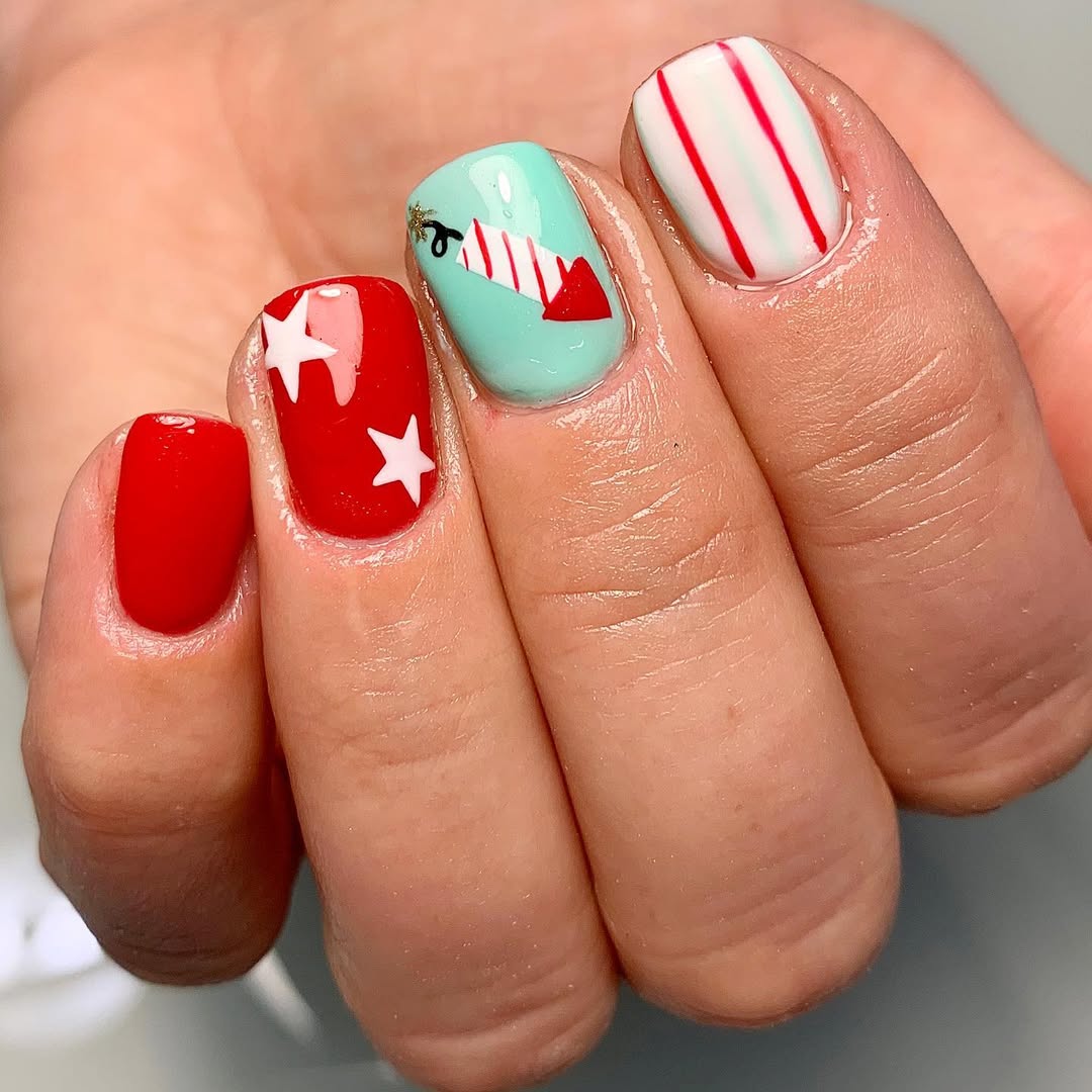 Patriotic Red White and Aqua Firecracker Nails