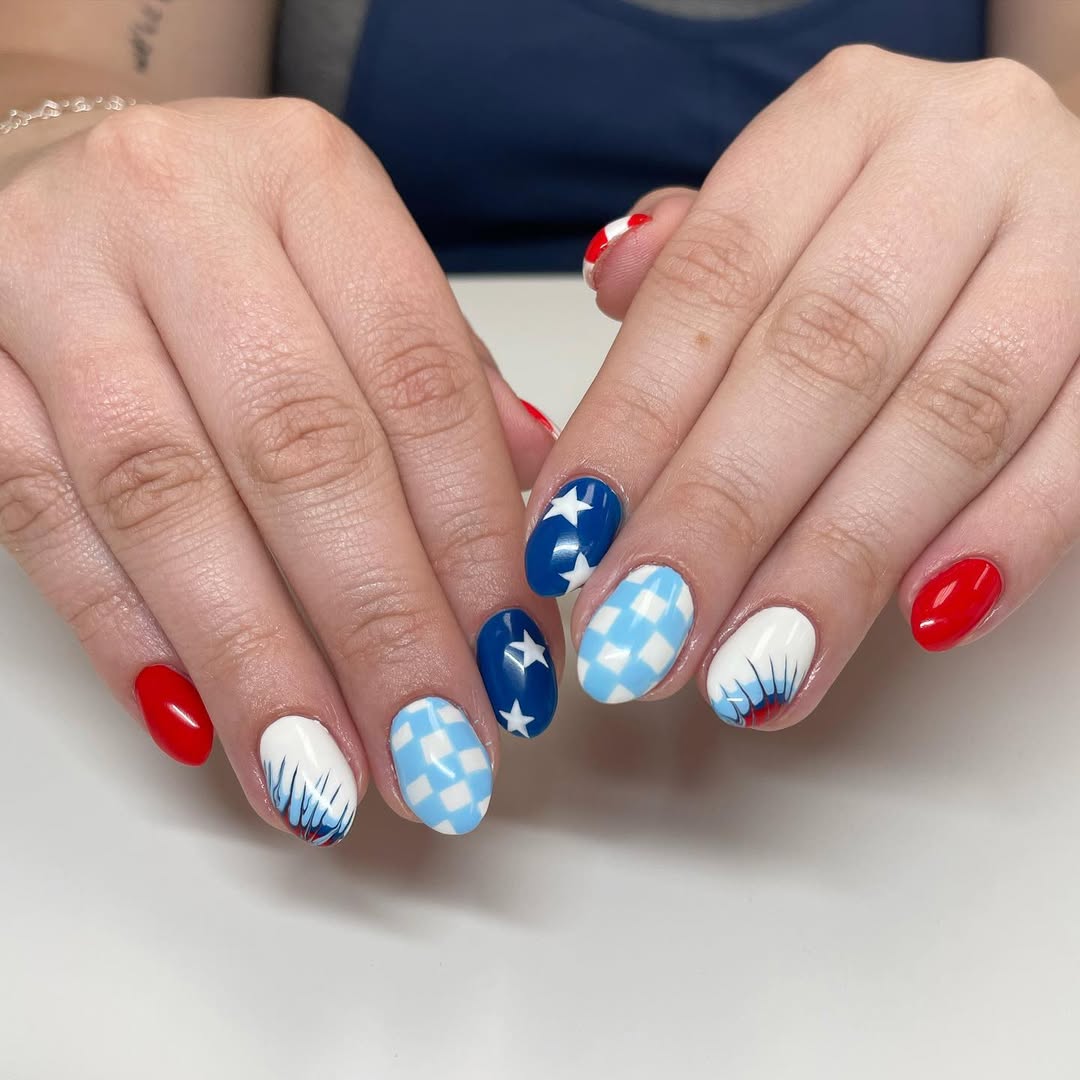 Patriotic Red White Blue Oval Almond Nails