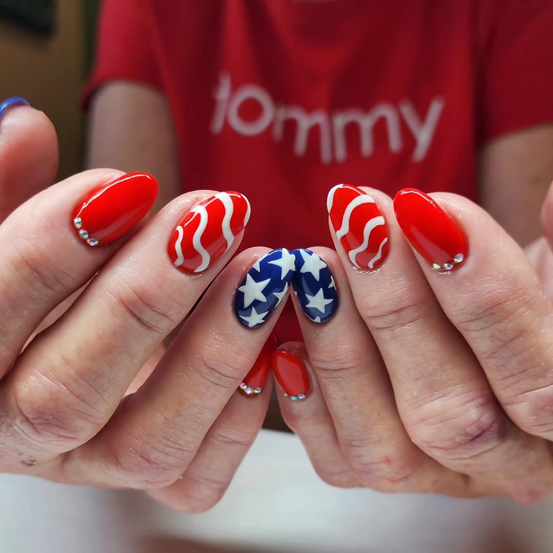 Patriotic Red White Blue Swirl Star Almond Nails