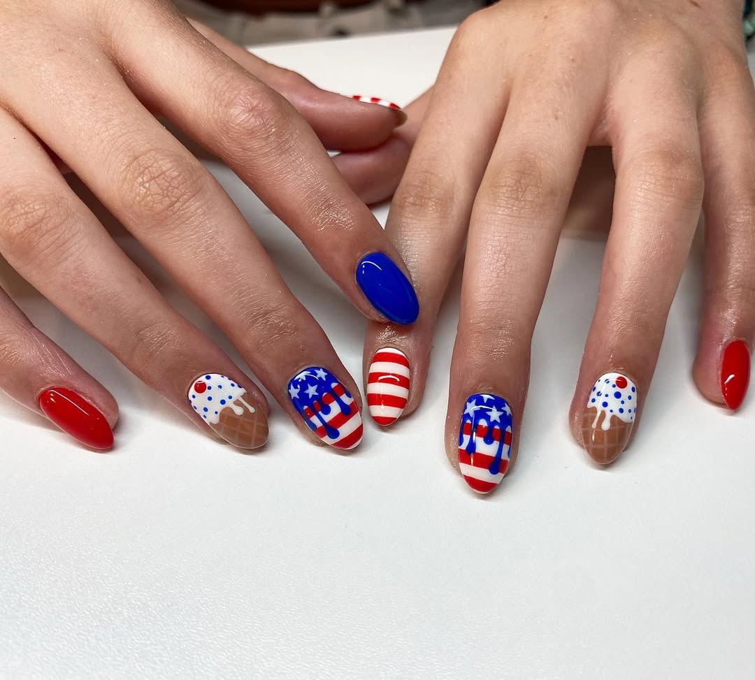 Patriotic Ice Cream American Flag Red White Blue Nails