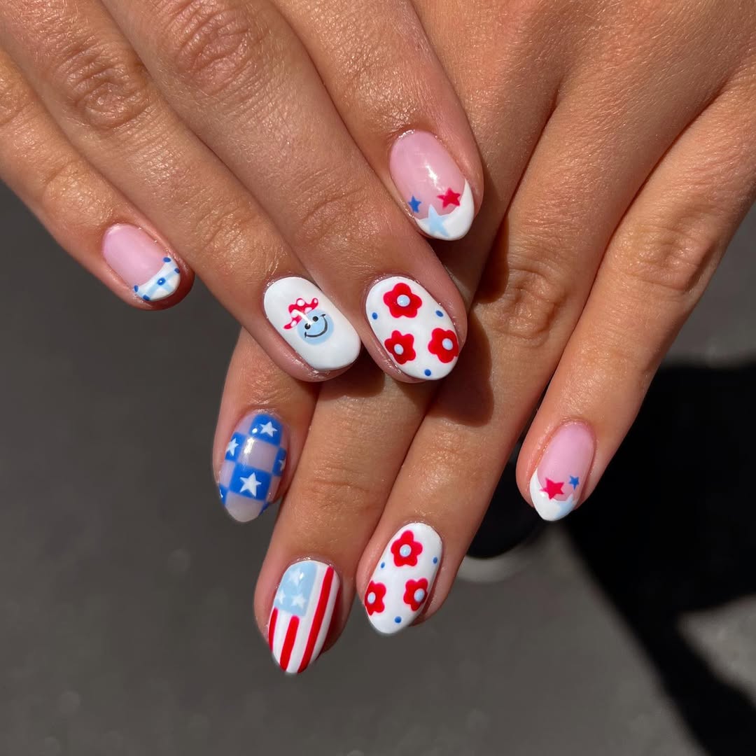 Patriotic Playful Red White Blue Nail Art