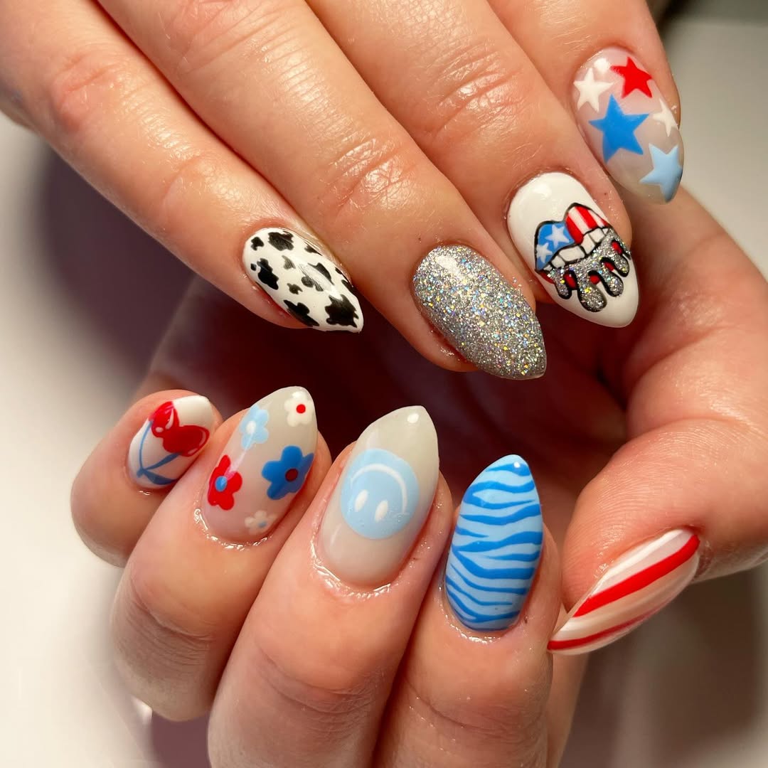 Whimsical Patriotic Coffin Nails with Mixed Art