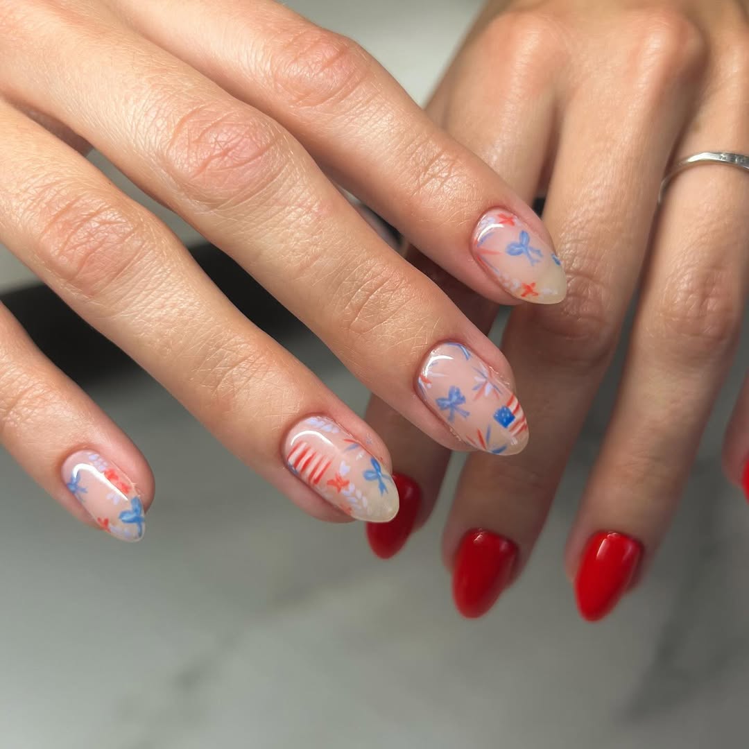 Patriotic Glitter Bows And Stripes Almond Nails