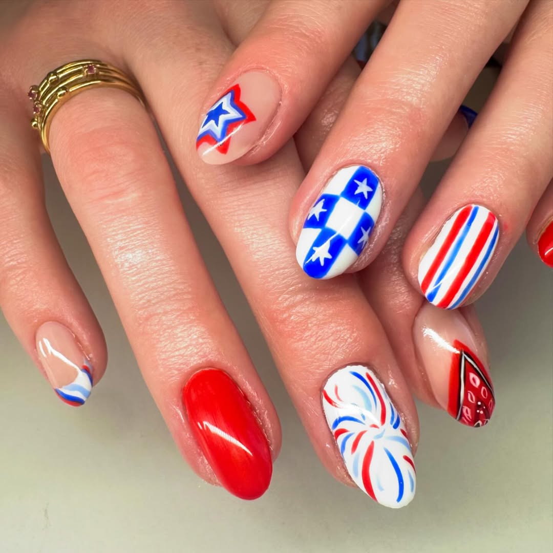 Patriotic Playful Red White Blue Oval Nails