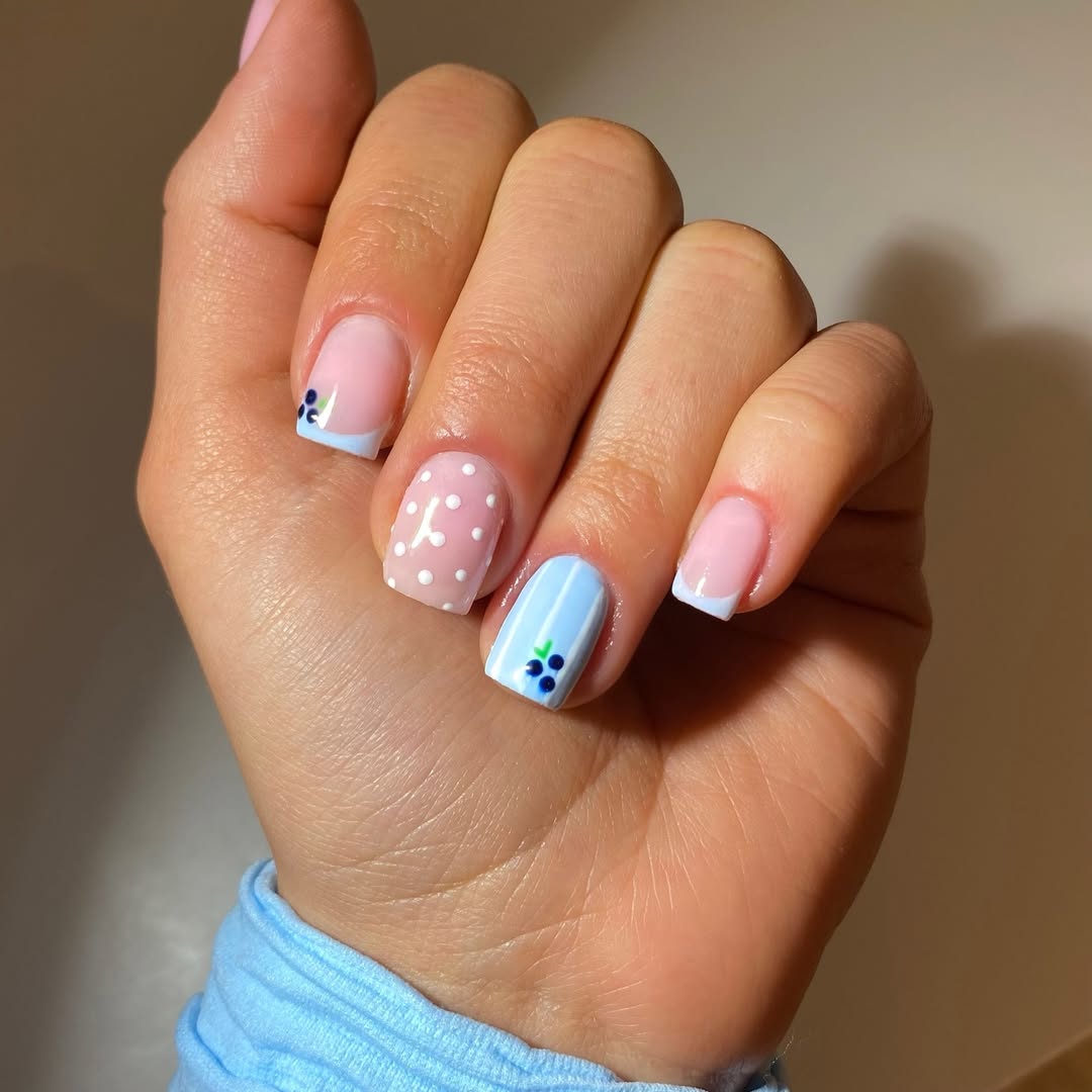 Pastel Blue French Tips with Blueberry Accents and Polka Dots