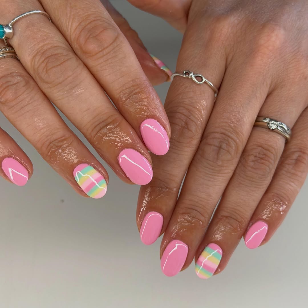 Bubblegum Pink Pastel Stripe Accent Summer Nails