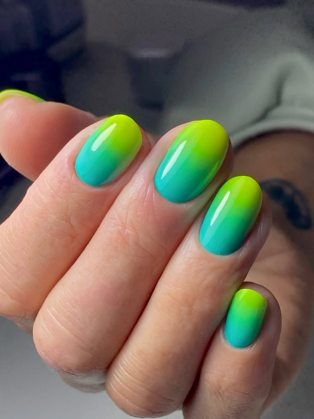 Vibrant Neon Green Blue Ombre Short Oval Nails