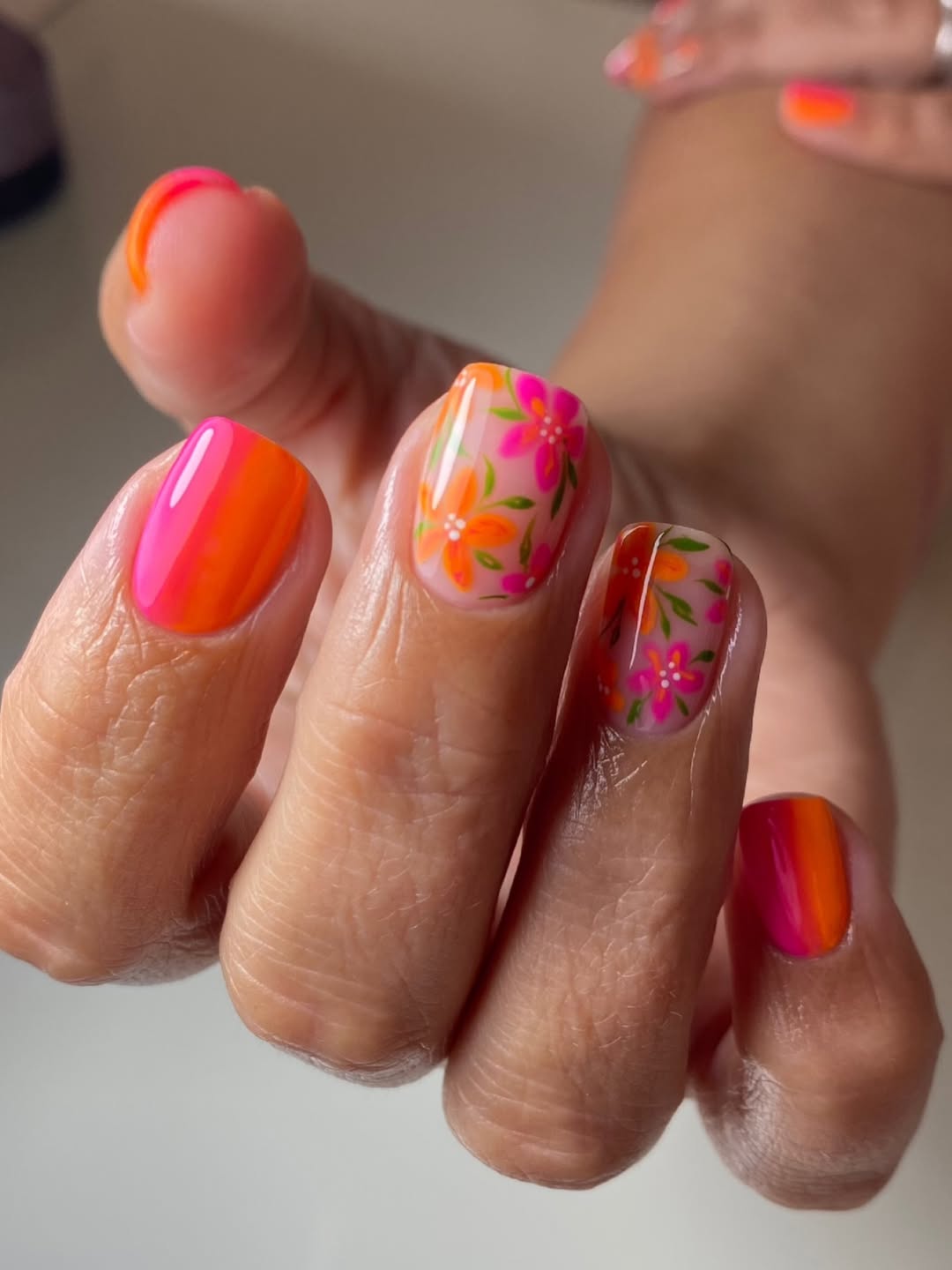 Hot Pink And Orange Floral Swirl Nails