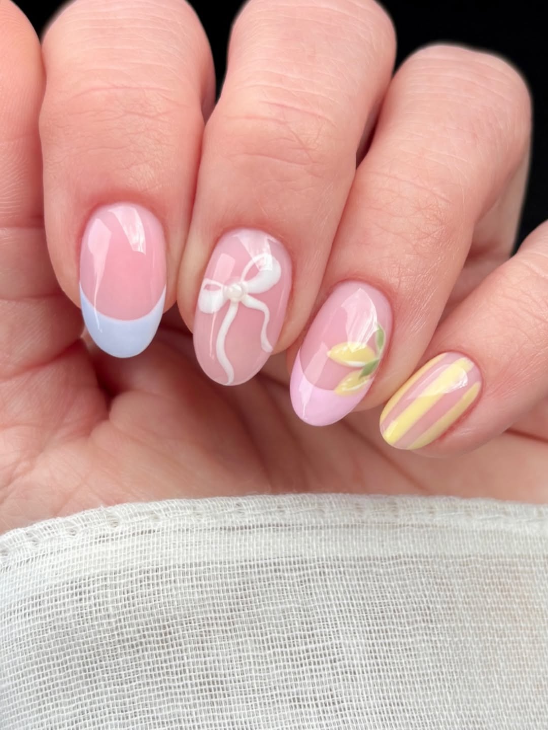Pastel Pink Yellow Blue French Tips with Bow Accent