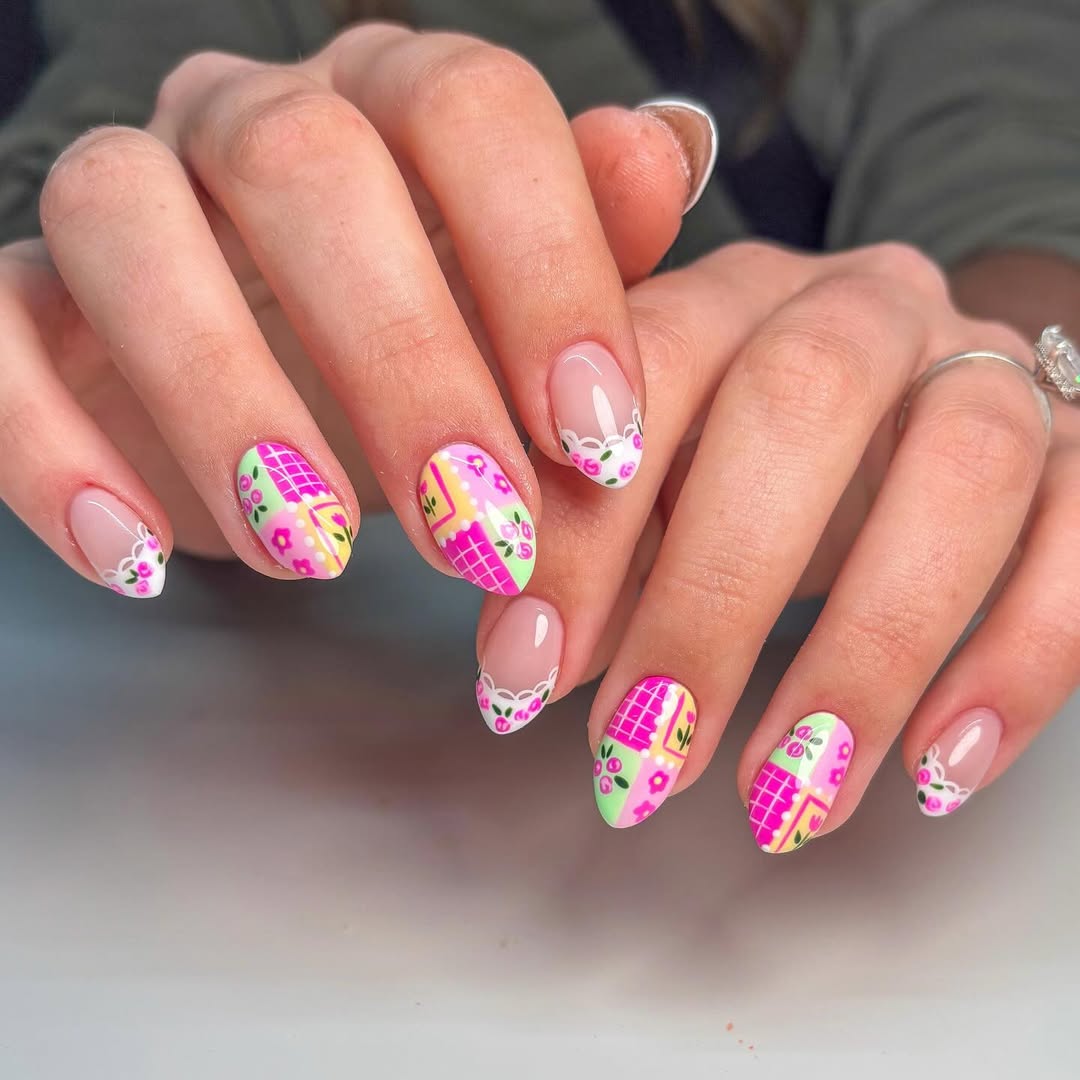 Whimsical Floral Crochet French Tips with Mismatched Nails