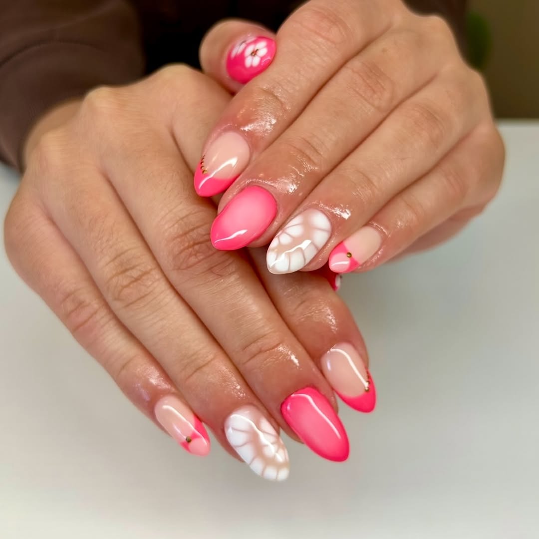 Hot Pink Ombre and Floral French Manicure