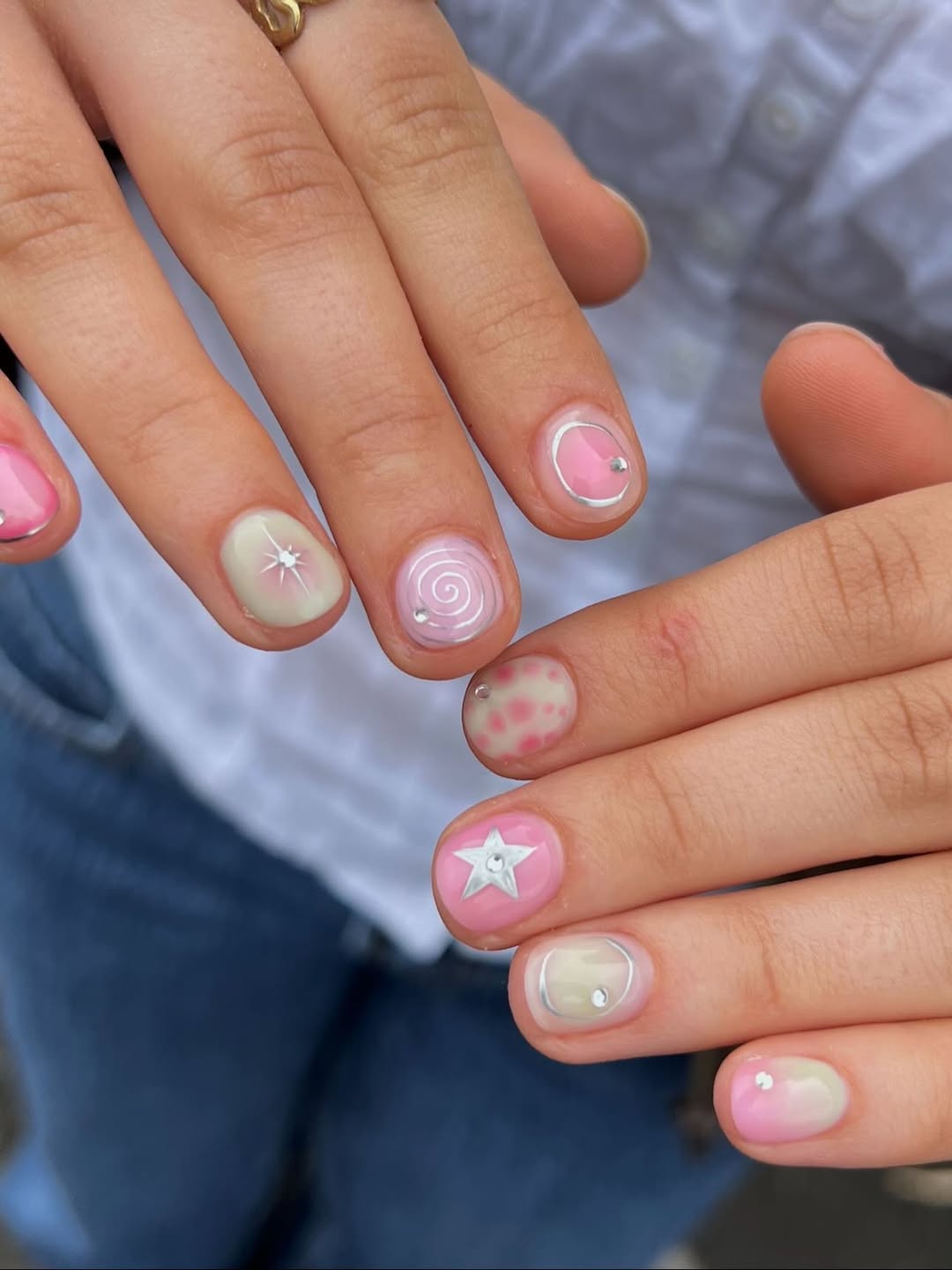 Playful Pastel Shimmer Short Round Nails with Charms