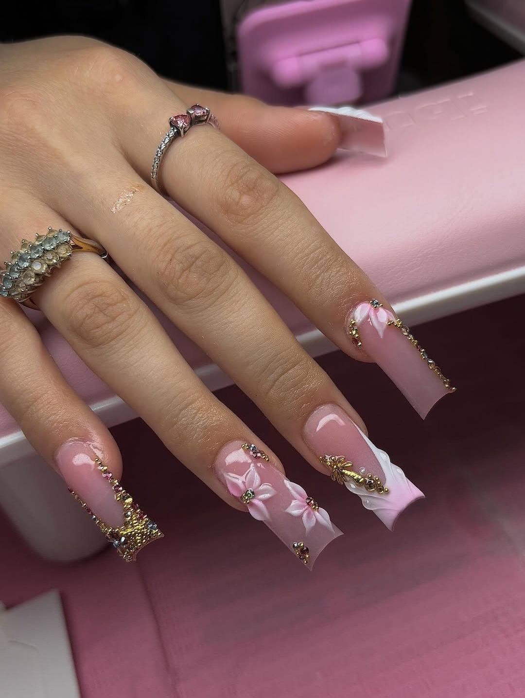 Luxurious Pink Ombre Flower And Charm Coffin Nails