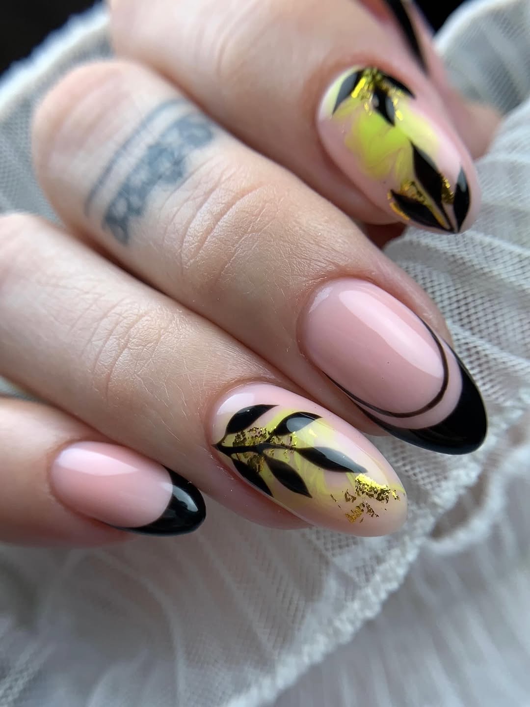 Black French Tips with Gold Leaf and Neon Swirls