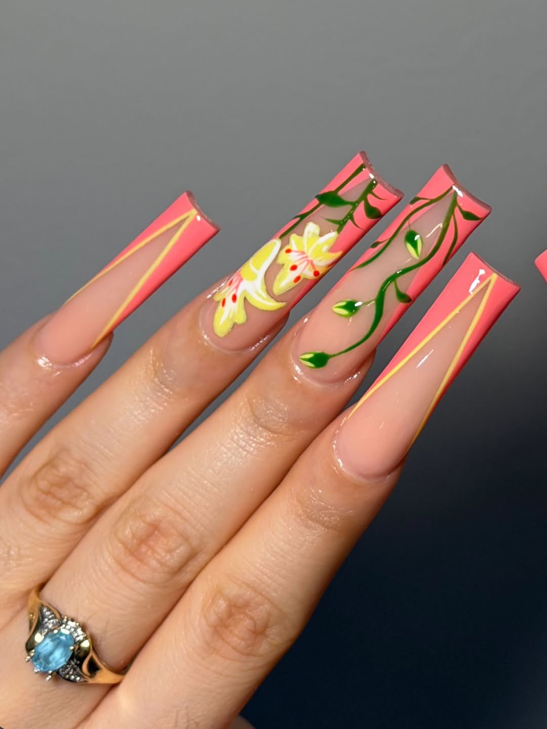 Vibrant Floral Trapped Design Extreme Coffin Nails