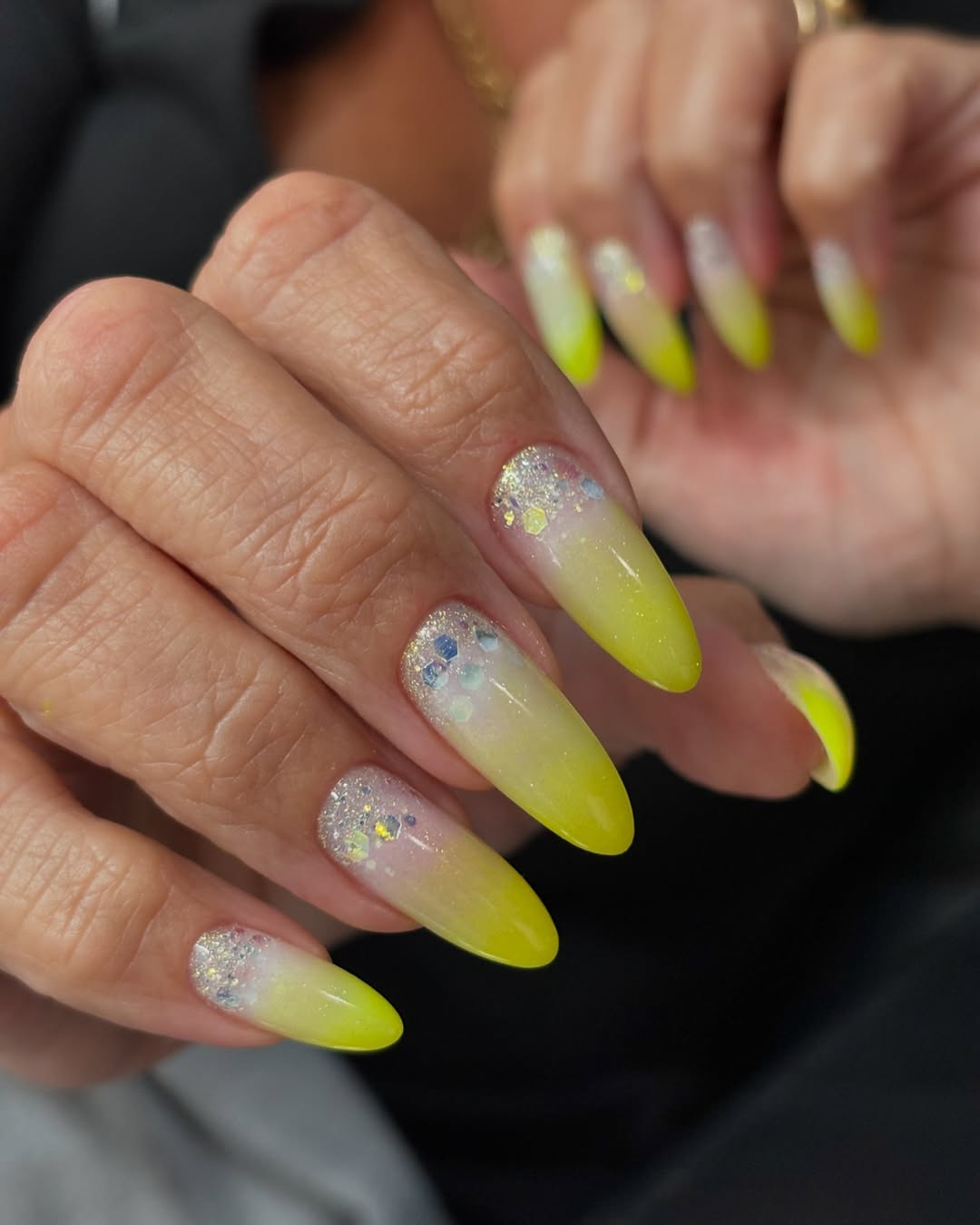 Neon Yellow Ombré Glitter Accent Stiletto Nails