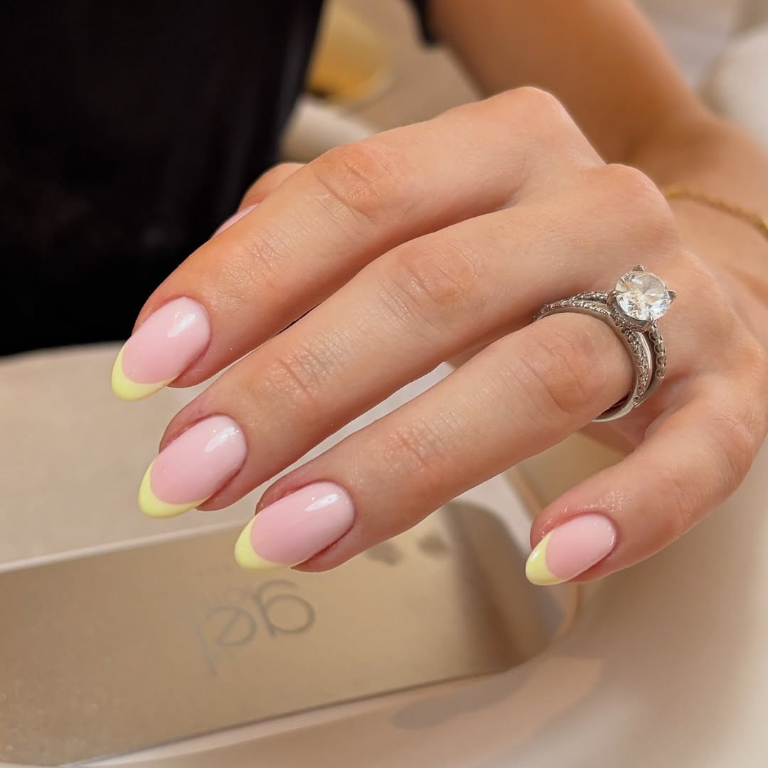 Pastel Pink Yellow French Tip Oval Nails