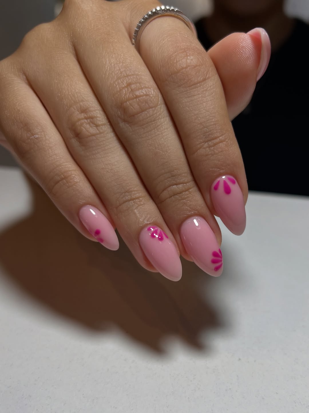 Baby Pink Almond Nails With Hot Pink Petal Art