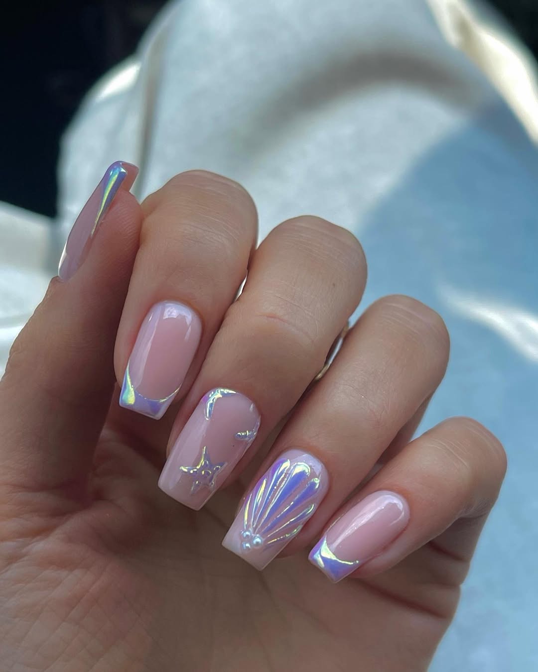 Iridescent Sea Shell French Tip Chrome Nails