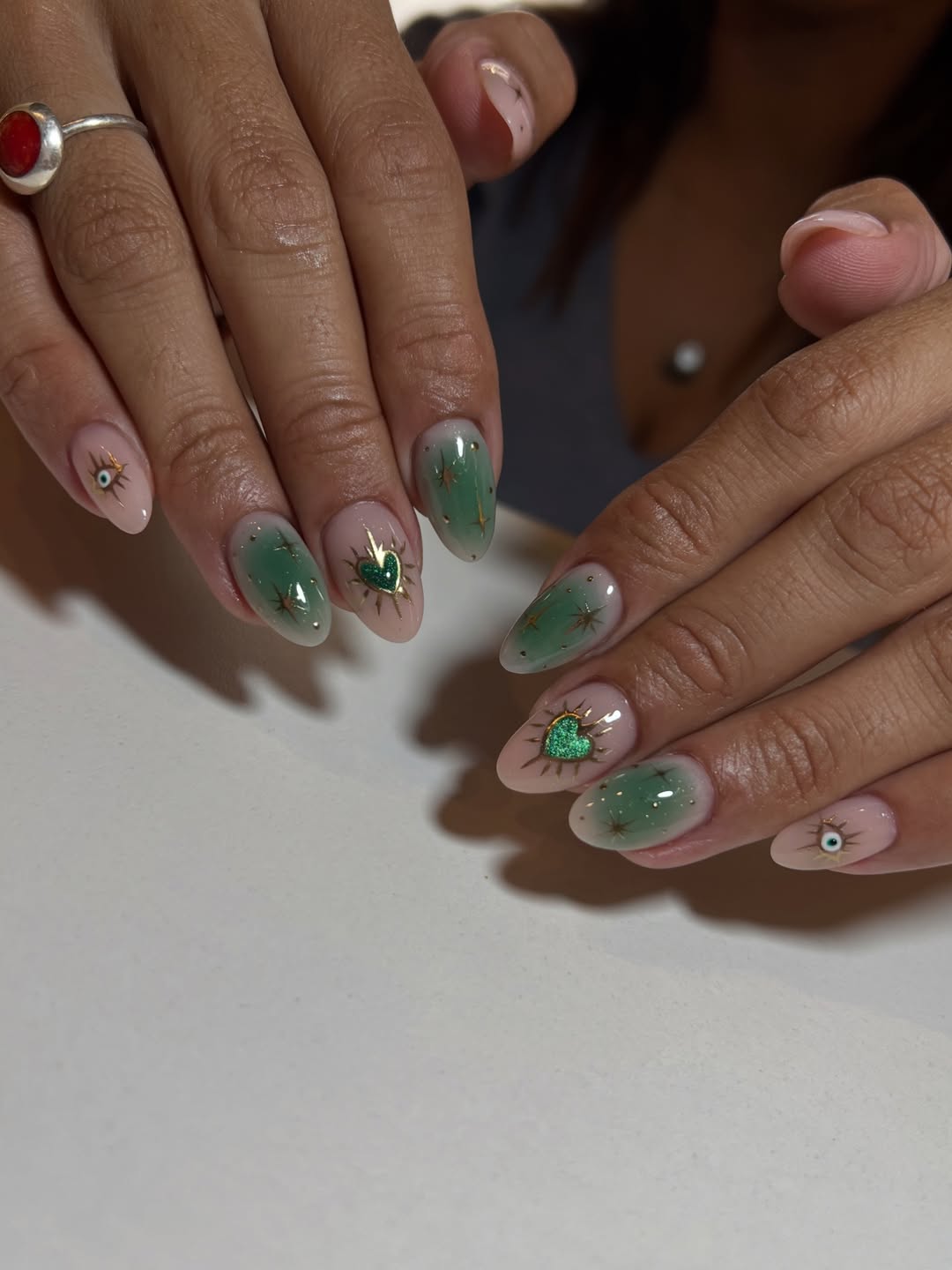 Emerald Green Gradient Charms Almond Nails