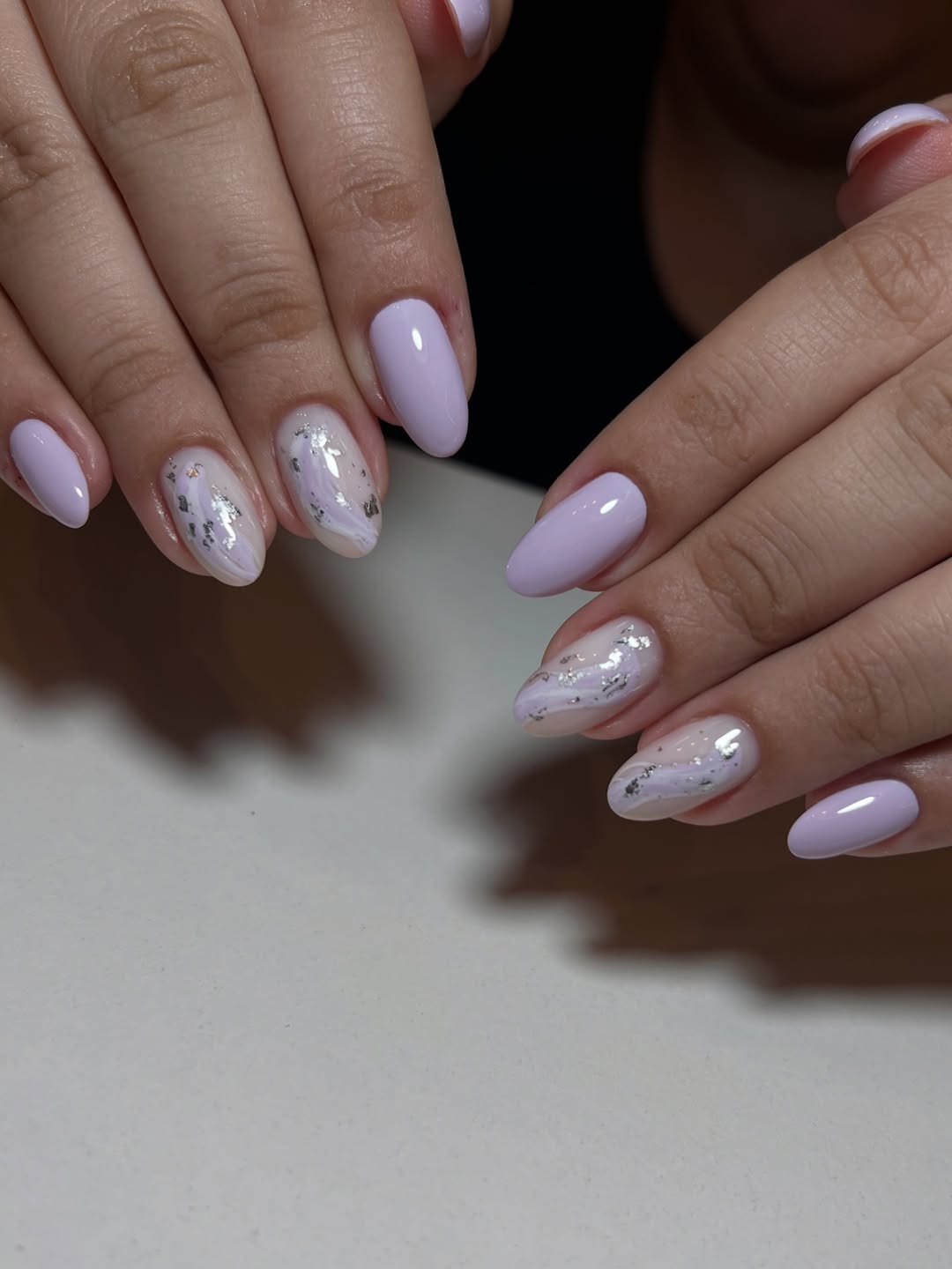 Lavender Swirl Foil Accent Almond Nails