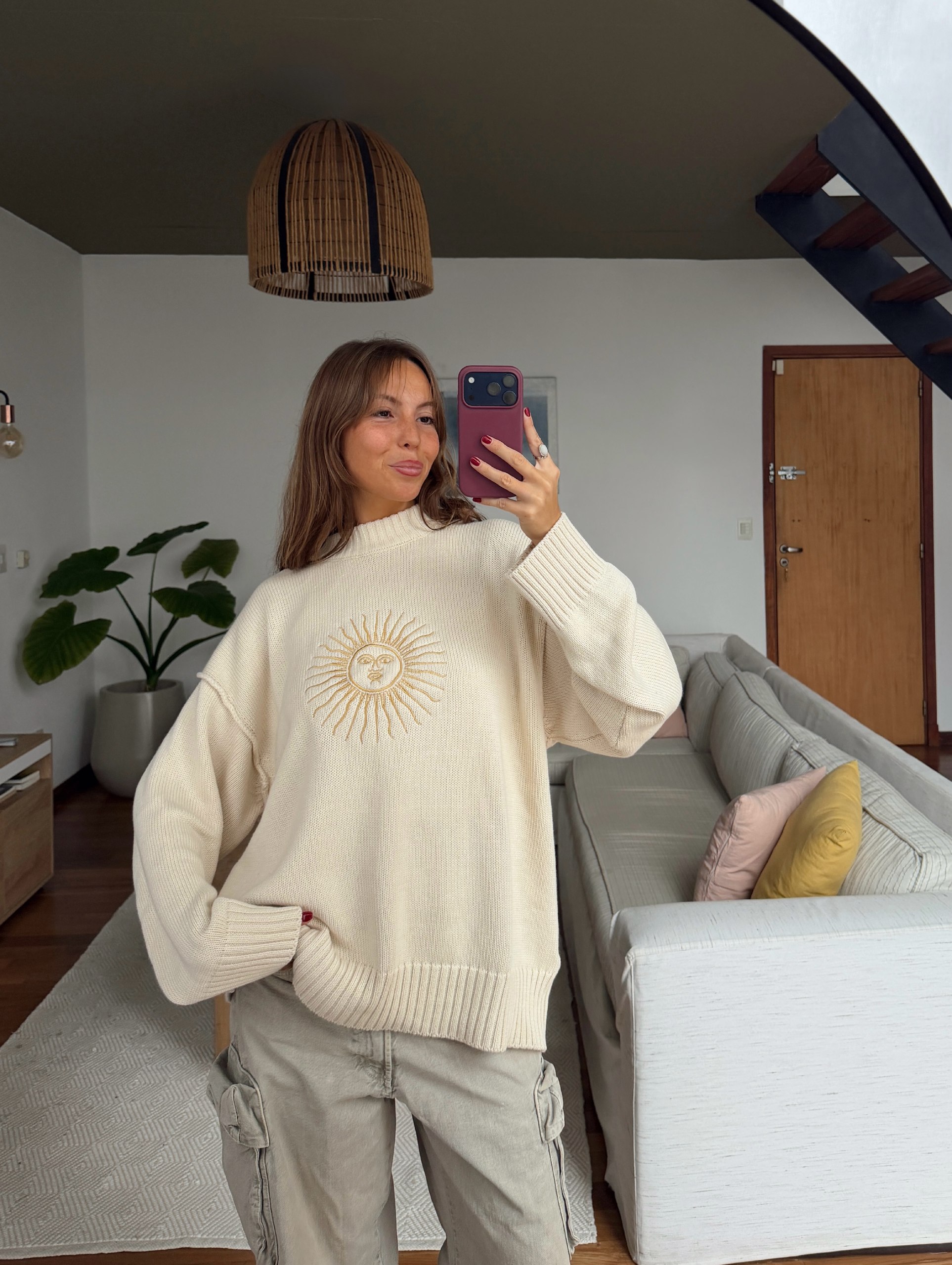 Cream Sun Embroidered Sweater With Cargo Pants