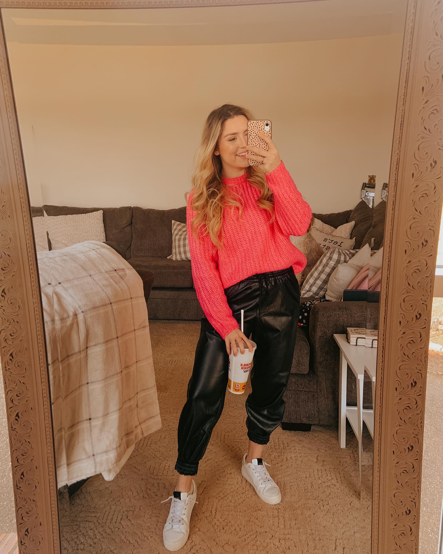 Hot Pink Sweater And Faux Leather Jogger Athleisure