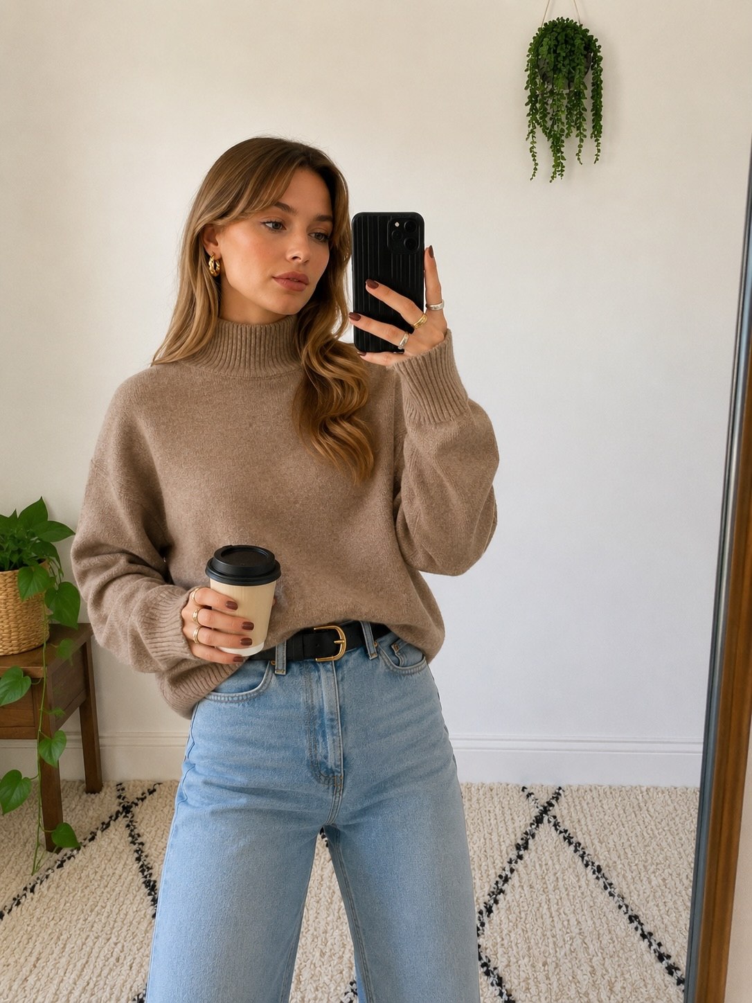Cozy Camel Mock Neck Sweater And Light Wash Jeans