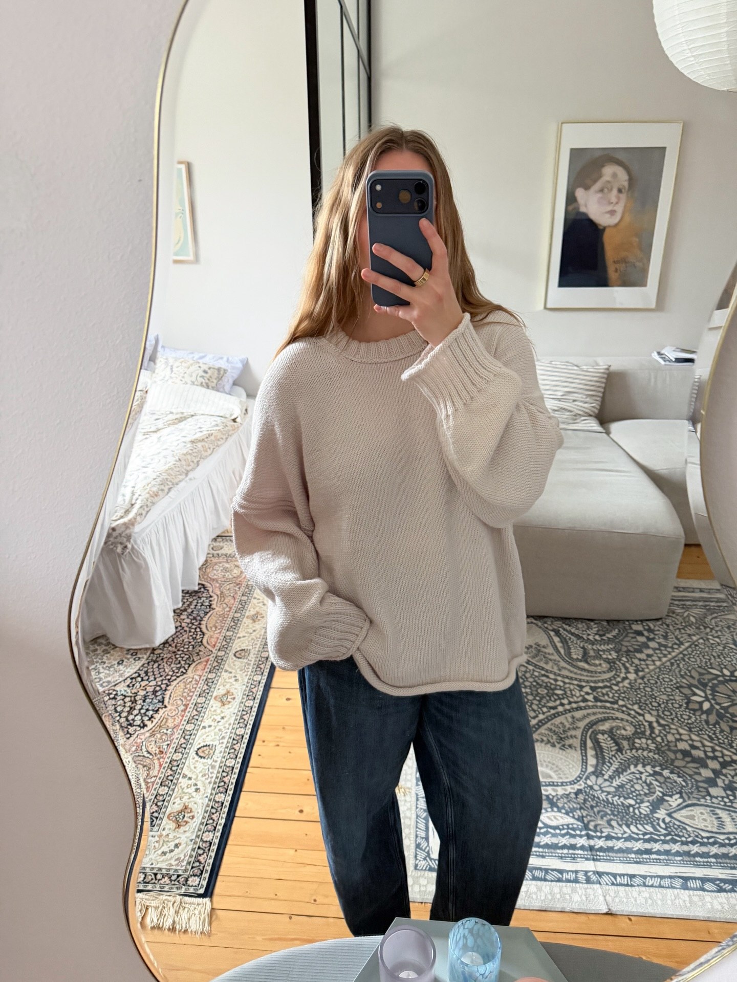 Oversized Knit Sweater With Dark Wash Denim