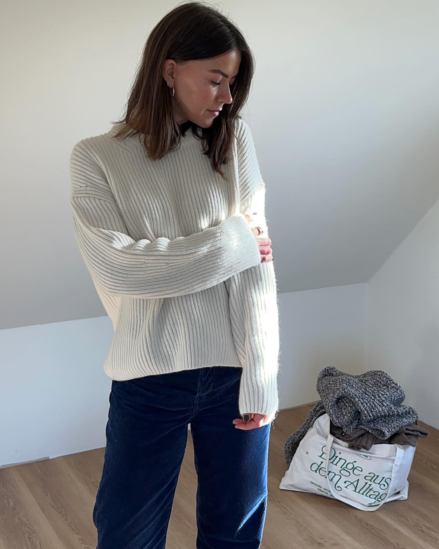 Cream Ribbed Knit With Navy Corduroy Trousers