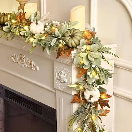 Mantle Wreath Pack 6FT Lighted Fall Garland With Lambs Ear Pumpkin Maple Leaves And 30 LED